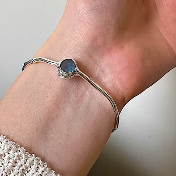 Sterling Silver Aquamarine Bangle Bracelet, Cuff, Blue Topaz, Minimalist - Picture 3 of 7